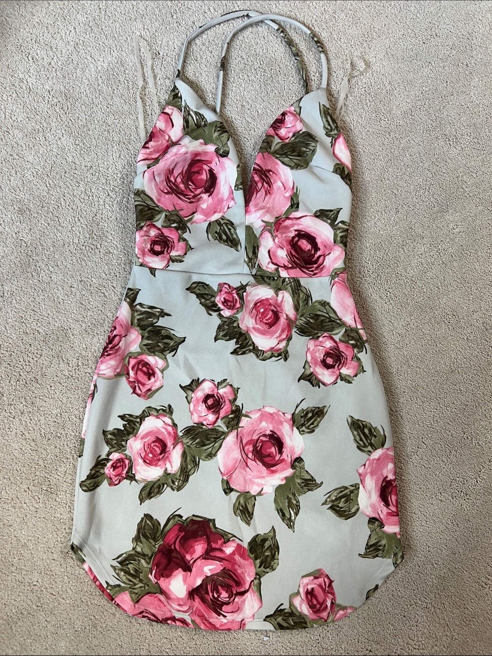 Boutique Floral V-Neck Mini Dress in Pink Rose Print